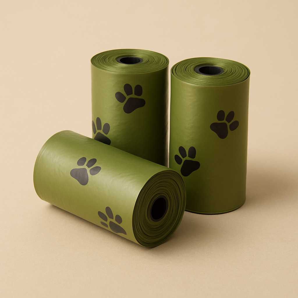 3 rollen poepzakjes, per rol 15 poepzakjes in een army groene kleur met zwarte hondenpootjes