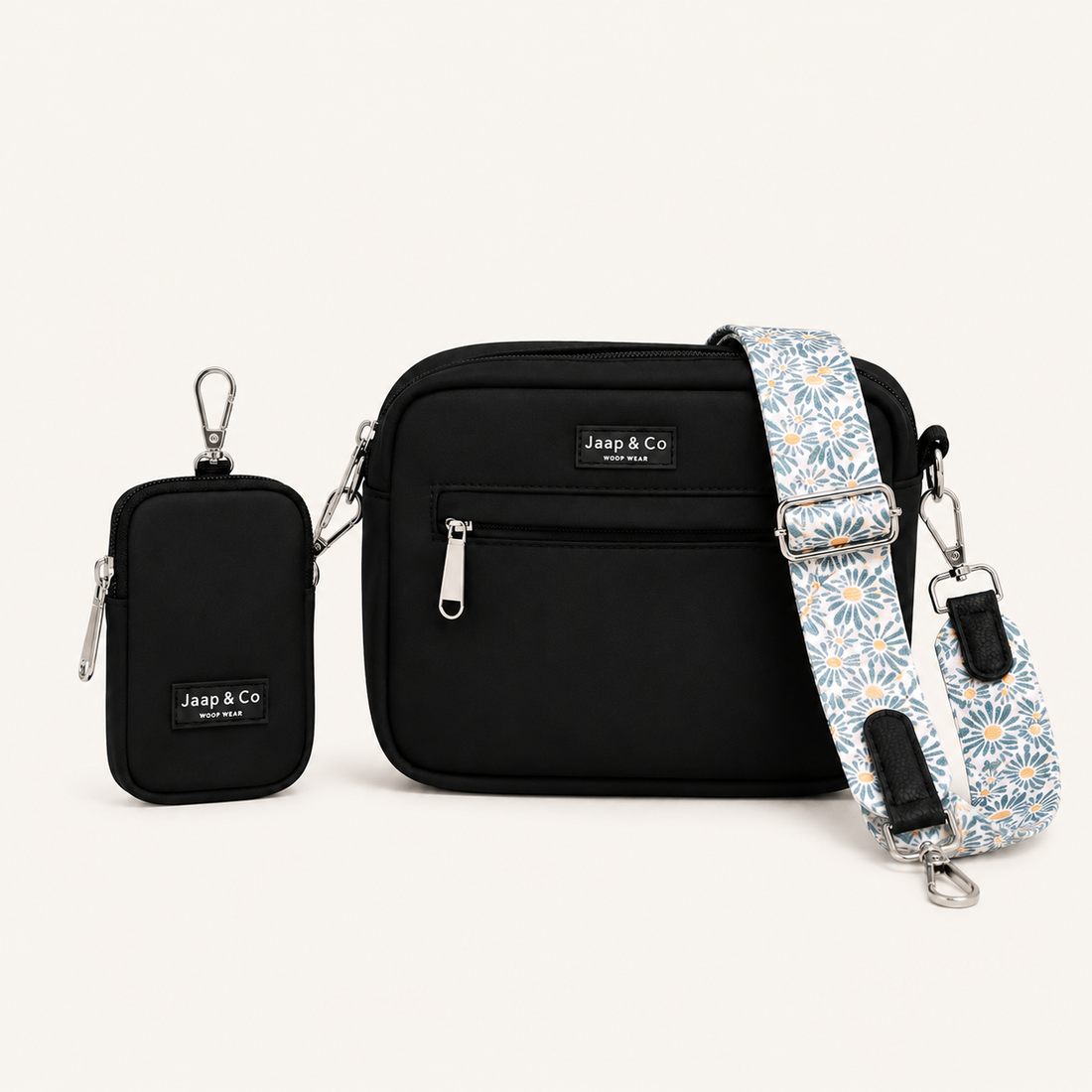 Klassische schwarze Dogmom-Tasche – Trageriemen mit Blumenmuster