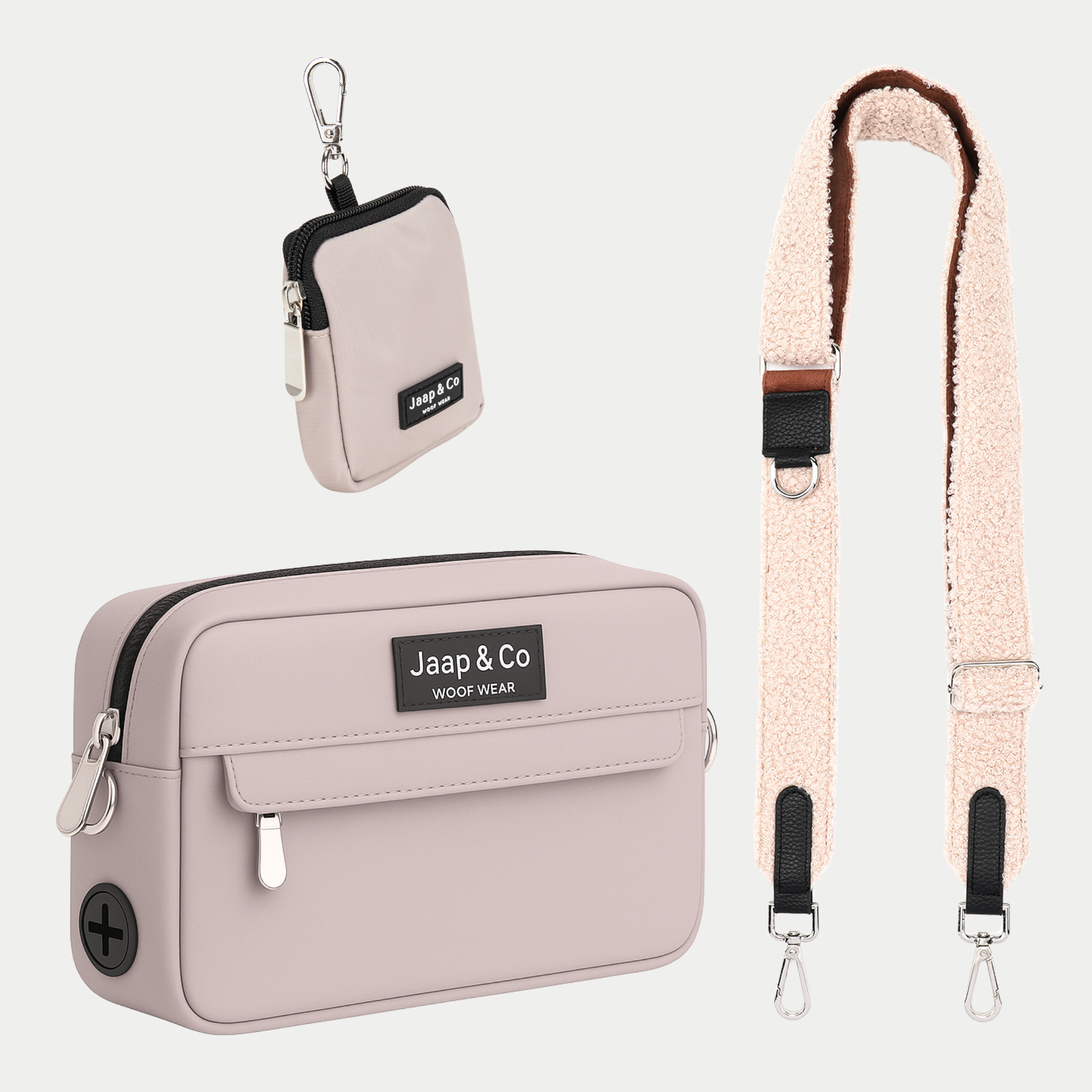 Dogmom bag in een beige/roze kleur met bijpassende treatpouch. Daarbij een verwisselbare strap, een teddy stof strap van de Soft Season herfst collectie van Jaap & Co