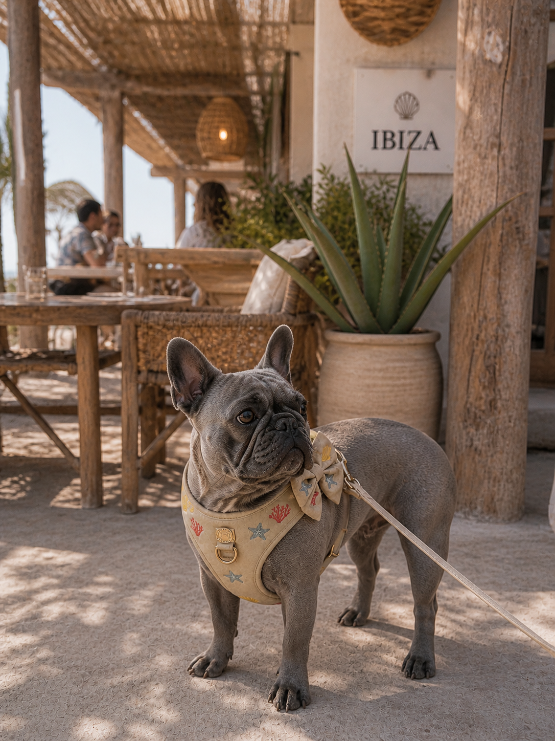 French bulldog met de Summer Stories set bestaande uit hondentuigje, riem en strik