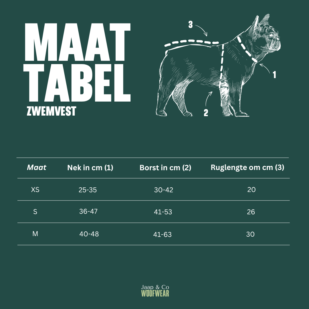 Maattabel voor de hondenzwemvest in het groen