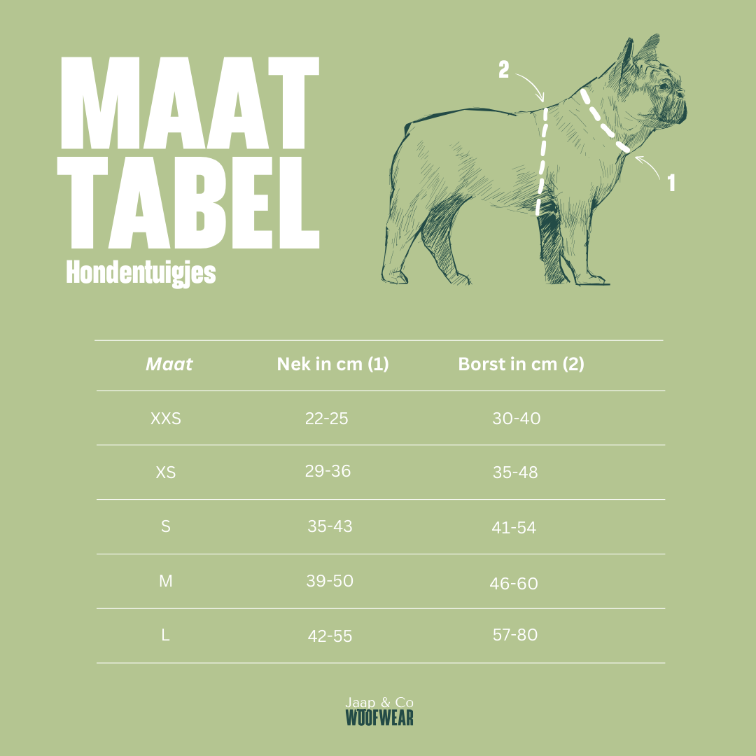 Maattabel Jaap & Co hondentuigjes: XXS (nek: 22–25 cm, borst: 30-40 cm), XS (nek: 29–36 cm, borst: 35-48 cm), S (nek: 35-43 cm, borst: 41-54cm), M (nek: 39–50 cm, borst: 46-60 cm), L (nek: 42–55 cm, borst: 57-80 cm).