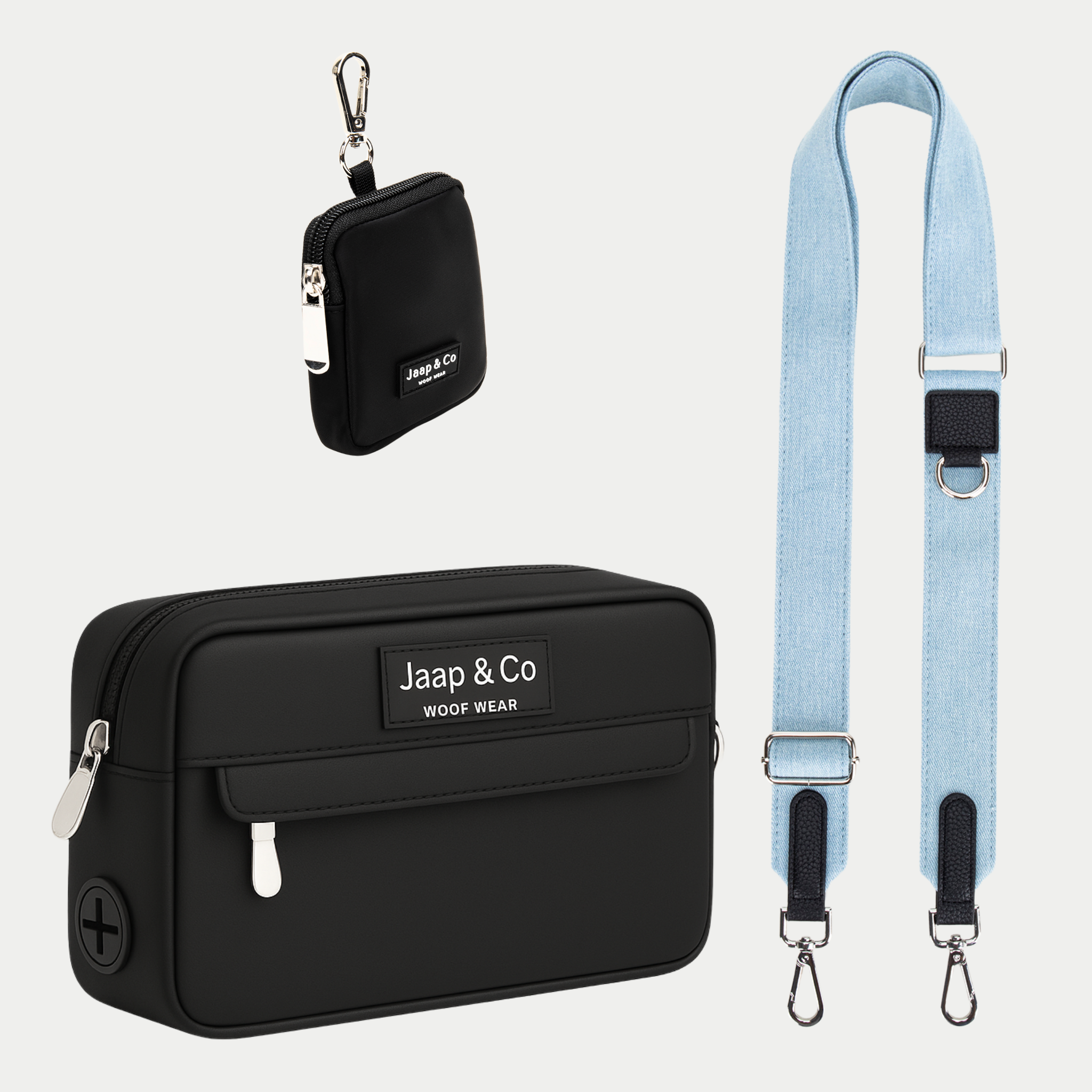 Zwarte Dogmom Bag met lichtblauwe denim schouderband, inclusief treat pouch – set voor stijlvolle hondenwandelingen.