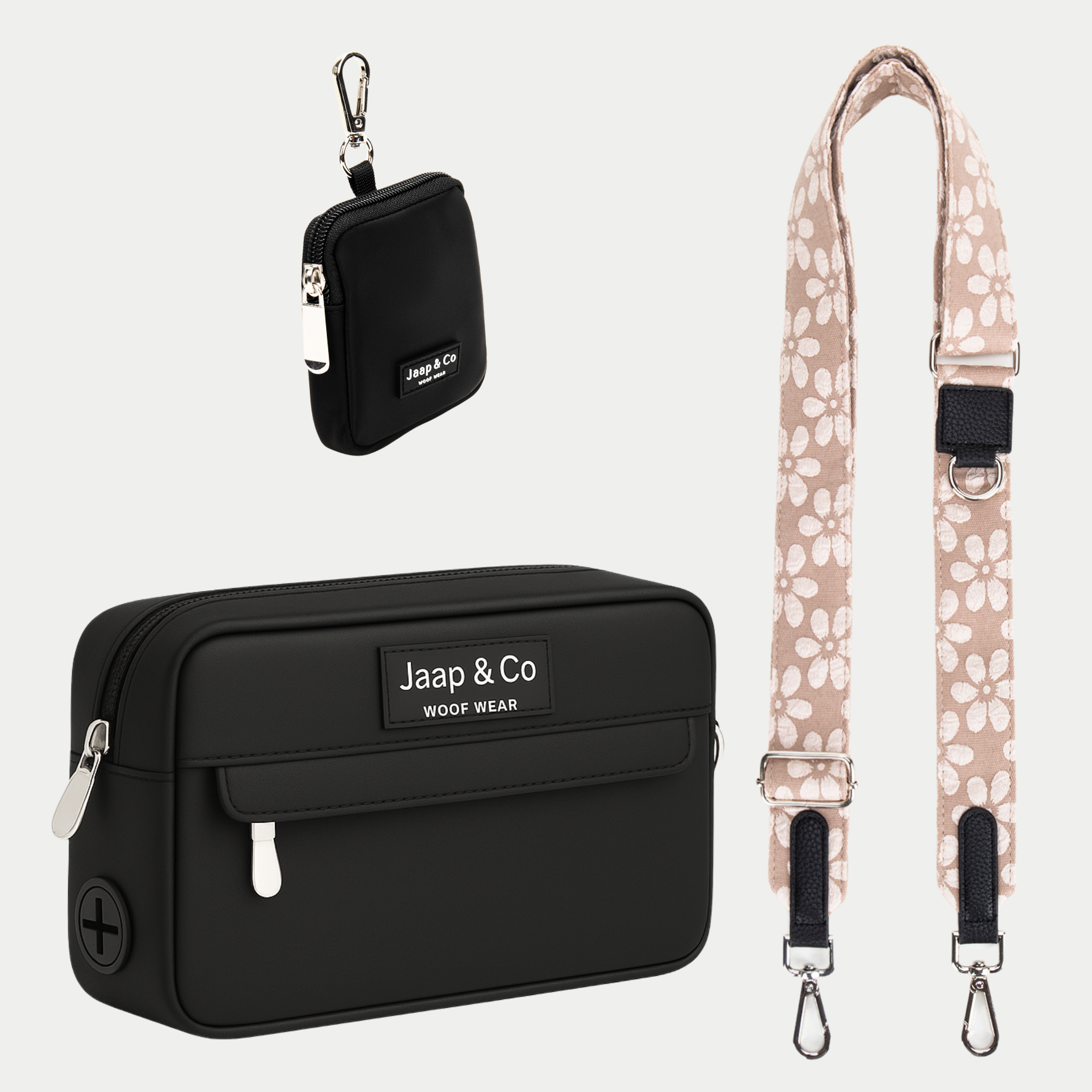 Zwarte Dogmom Bag met beige bloemenprint schouderband, inclusief treat pouch – set voor stijlvolle hondenwandelingen.