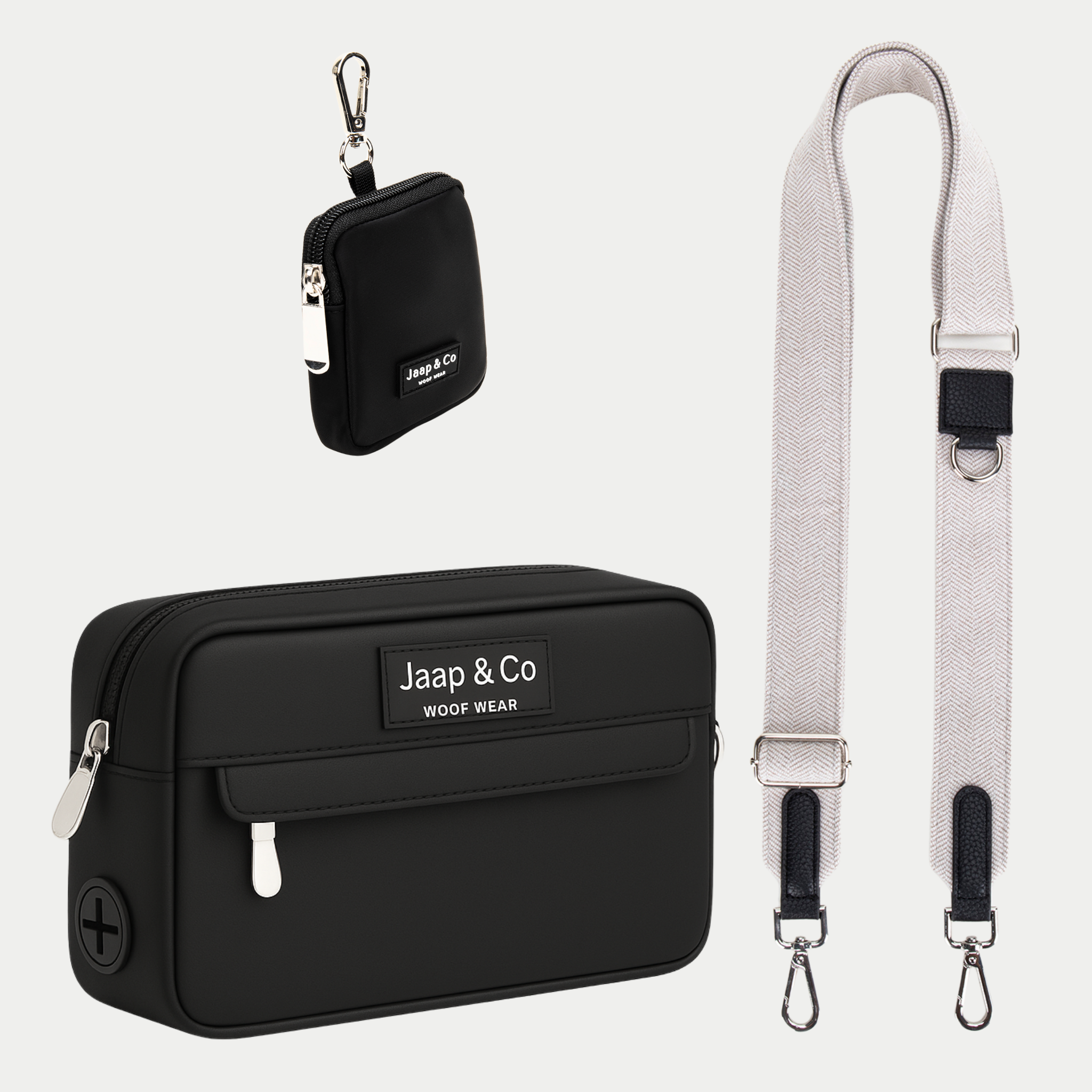 Zwarte Dogmom Bag met classic beige schouderband, inclusief treat pouch – set voor stijlvolle hondenwandelingen.
