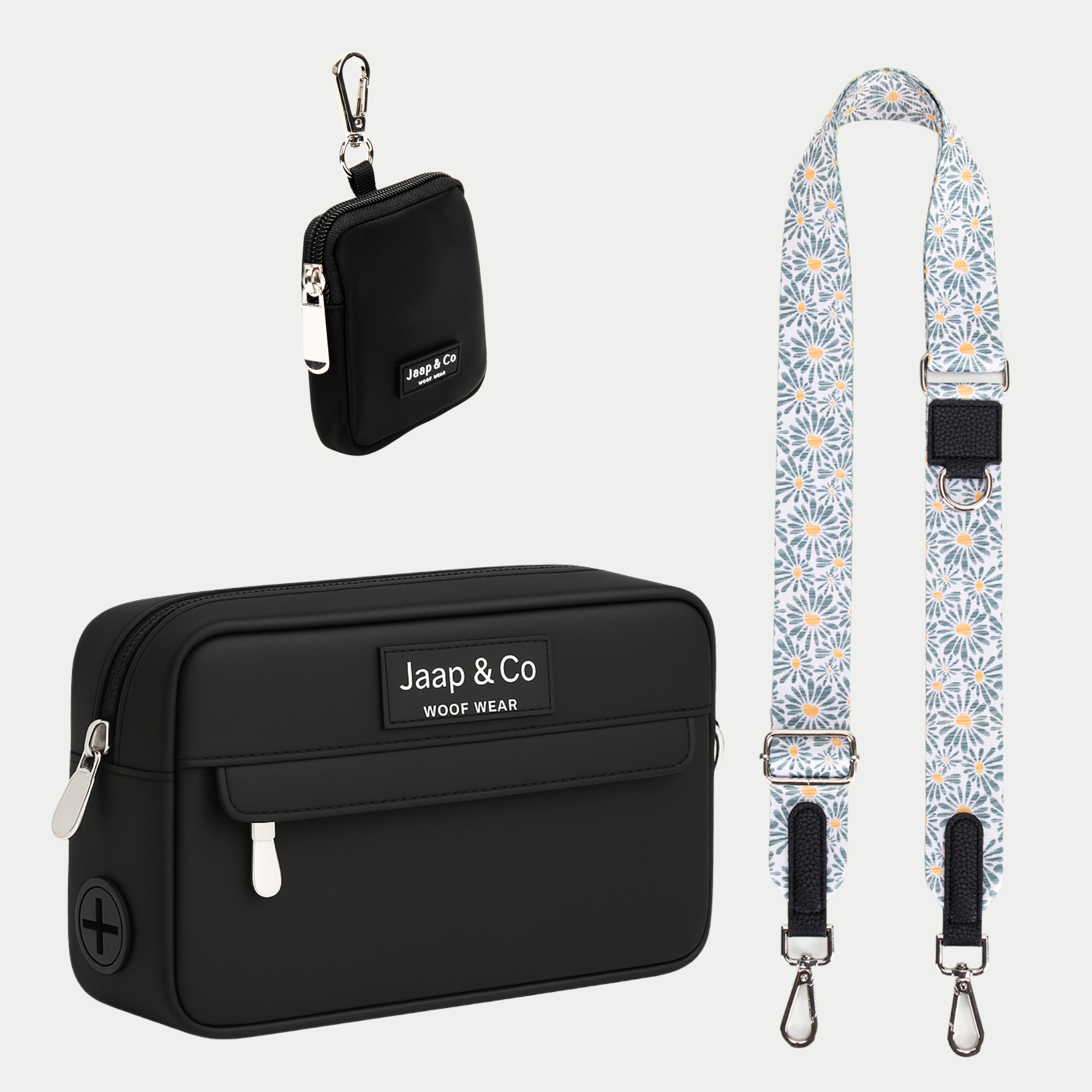 Zwarte Dogmom Bag met bleoemenprint met wit, lichtblauw en een beetje oranje/geel schouderband, inclusief treat pouch – set voor stijlvolle hondenwandelingen.