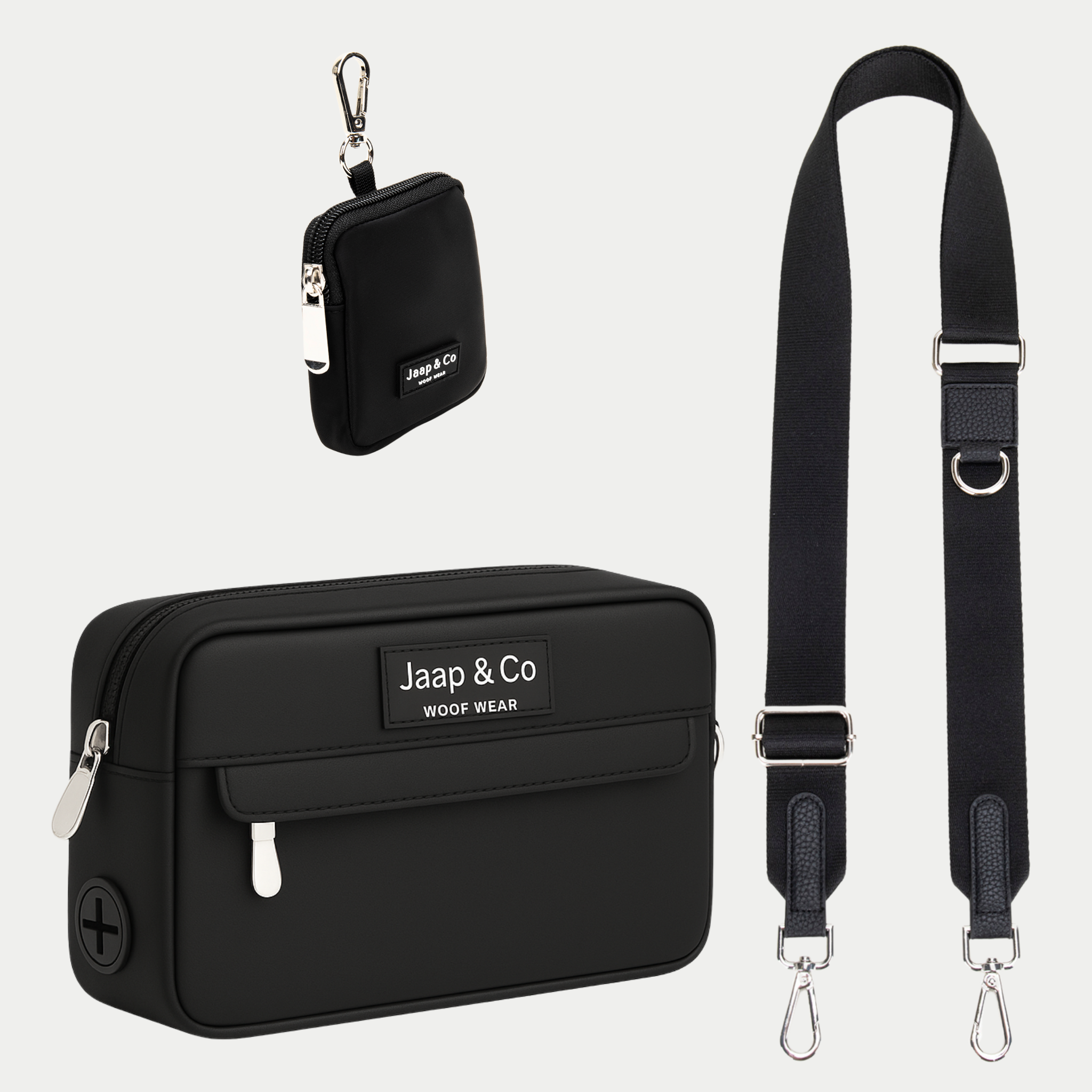 Zwarte Dogmom Bag met zwarte schouderband, inclusief treat pouch – set voor stijlvolle hondenwandelingen.