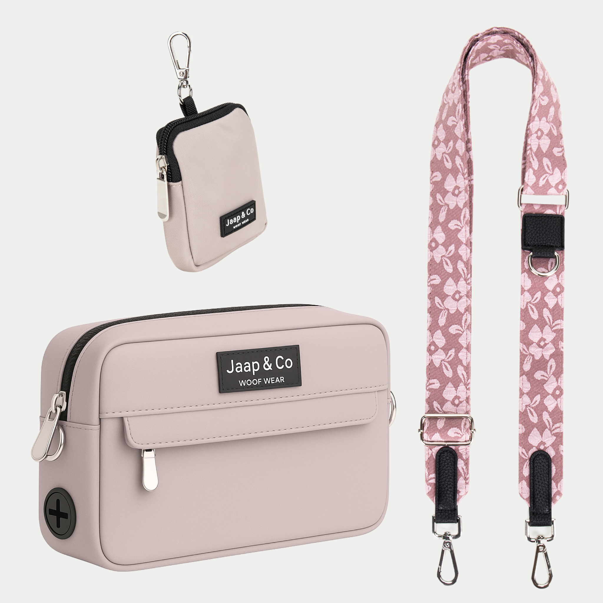 Taupe Dogmom Bag met een oudroze met lichter roze bloemen schouderband, inclusief treat pouch – set voor stijlvolle hondenwandelingen.