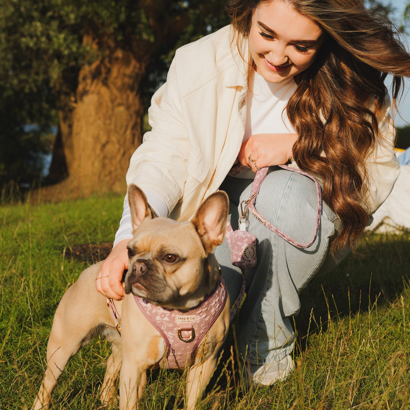 Baasje met franse bulldog die draagt het Rose Dusk hondentuigje, riem en poepzakjeshouder van Jaap & Co