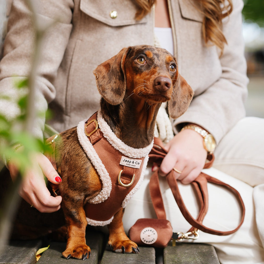 Set met de Soft Season tuigje, riem en poepzakjeshouder.