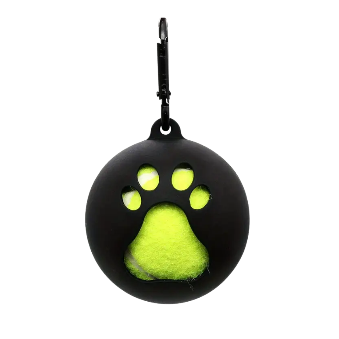 Zwarte tennisbalhouder waar een tennisbal in zit met clip om aan je riem, tas of broek te bevestigen van Jaap & Co