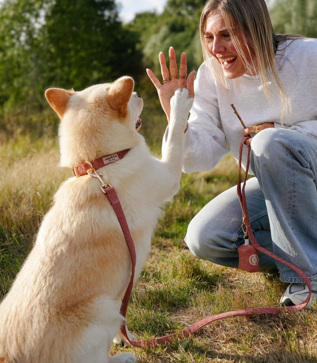 Vrouw speelt met hond aan een koraalkleurige corduroy hondenriem uit de Jaap &amp; Co Golden Trails collectie, voorzien van goudkleurige metalen details en extra ring voor poepzakjeshouder, sfeervol in zacht nazomerlicht.