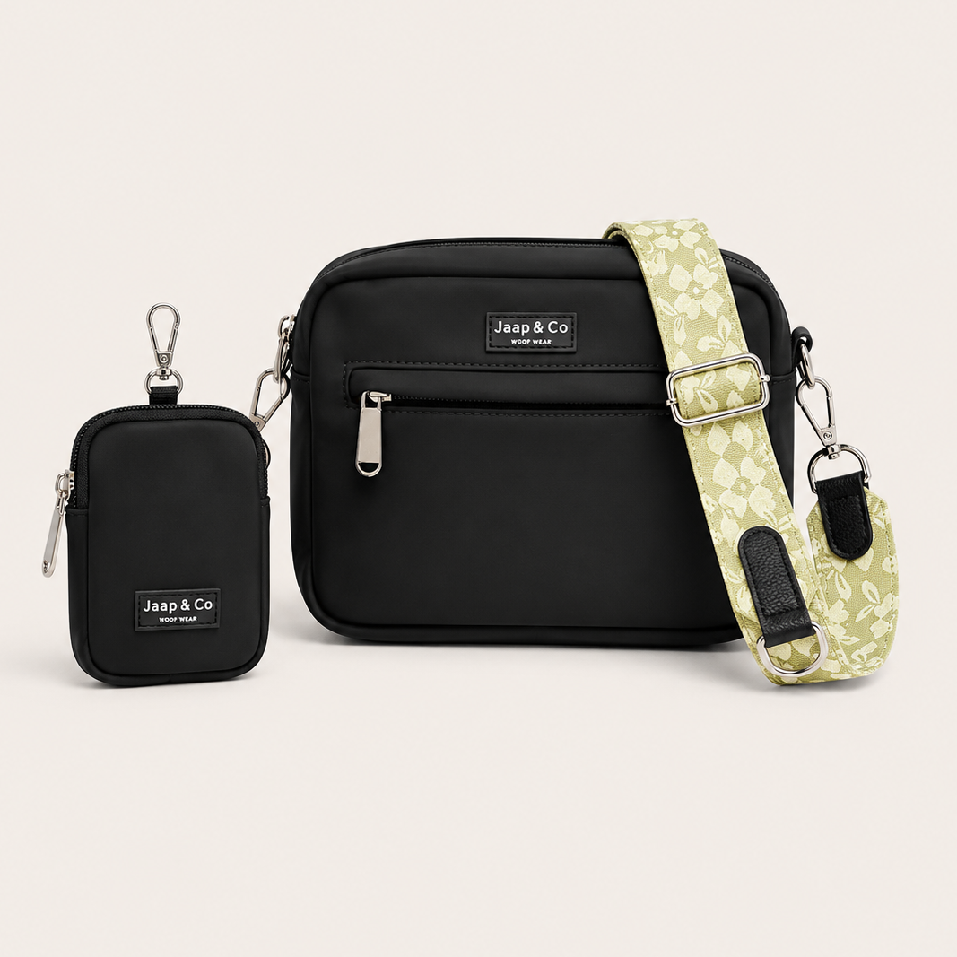 Klassische schwarze Dogmom-Tasche – Trageriemen mit botanischem Schimmer