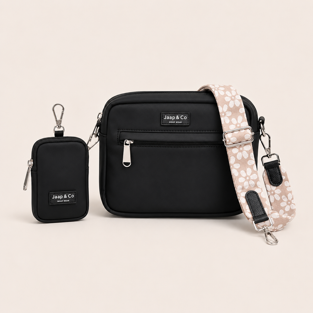 Klassische schwarze Dogmom-Tasche – Eleganter Riemen in Blush