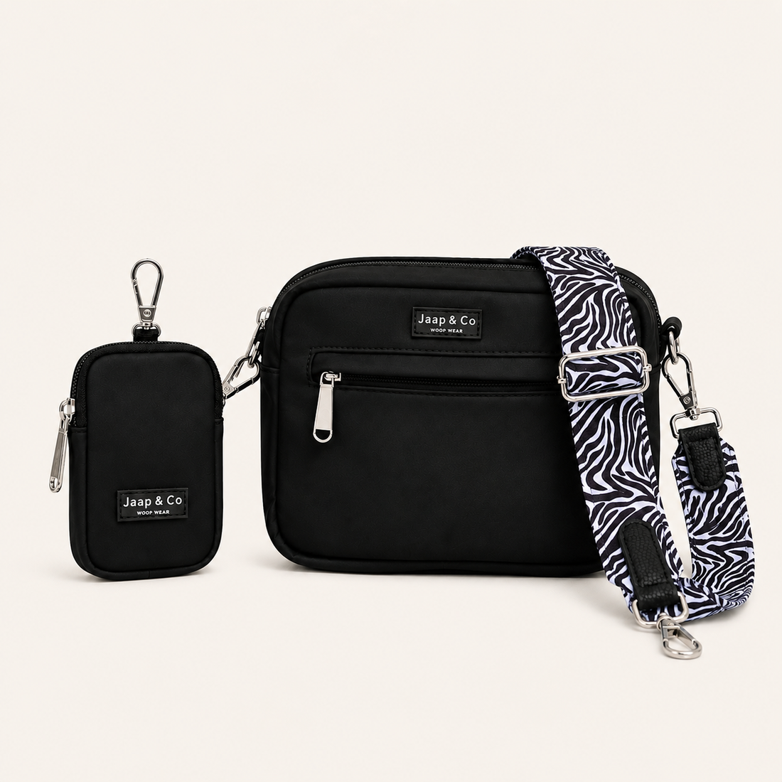 Klassische schwarze Dogmom-Tasche – Zebra Chic-Riemen