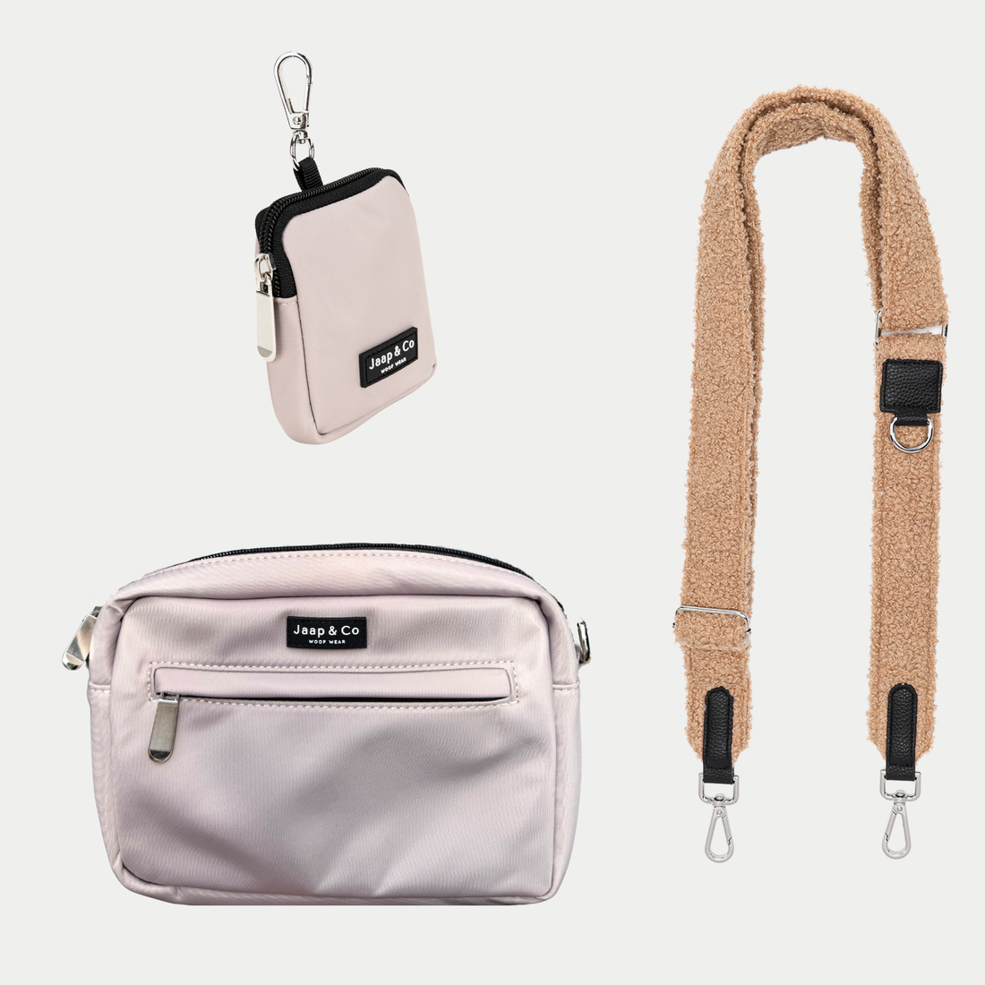 Beige dogmom bag met verwisselbare bruine teddy strap van Jaap &amp; Co