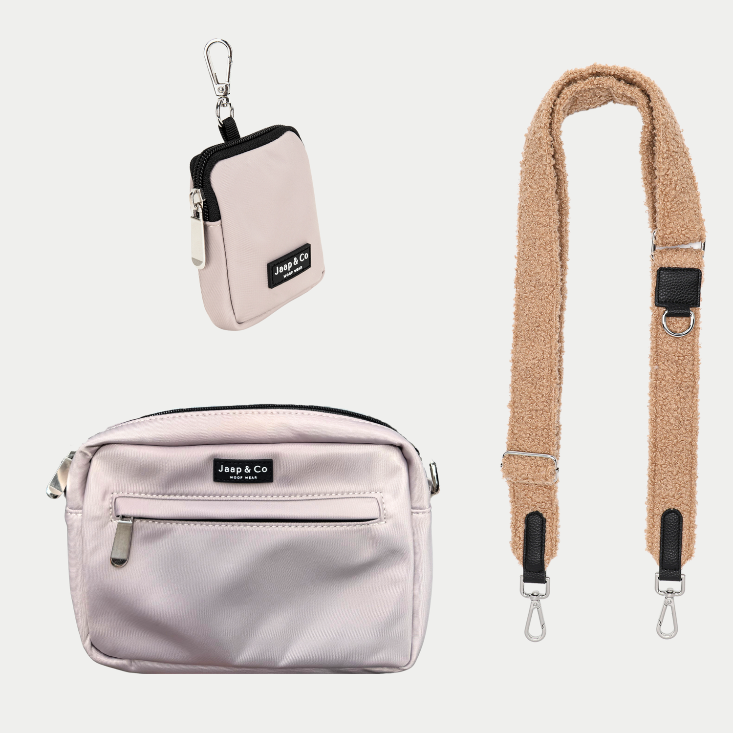 Beige dogmom bag met verwisselbare bruine teddy strap van Jaap &amp; Co