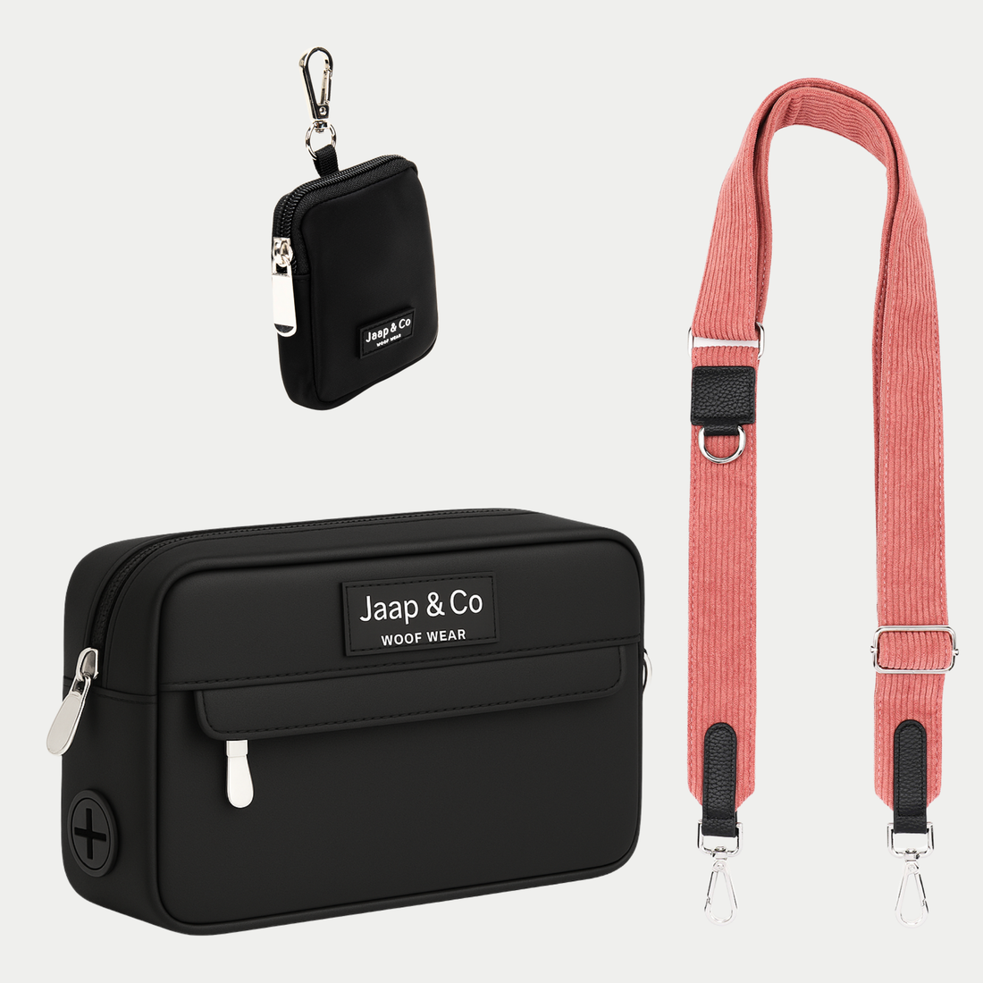 Classic Black (zwarte) dogmom bag met treatpouch met de Golden Trails (koraal kleur) strap in corduroy stof