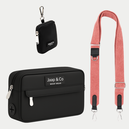 Classic Black (zwarte) dogmom bag met treatpouch met de Golden Trails (koraal kleur) strap in corduroy stof