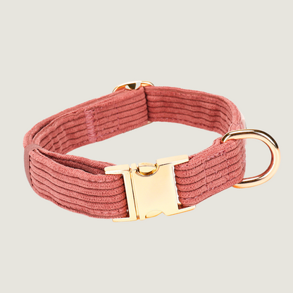 Koraalkleurige corduroy hondenhalsband uit de Jaap &amp; Co Golden Trails collectie, met goudkleurige metalen details en verstelbare sluiting, geïnspireerd op nazomerse wandelingen.