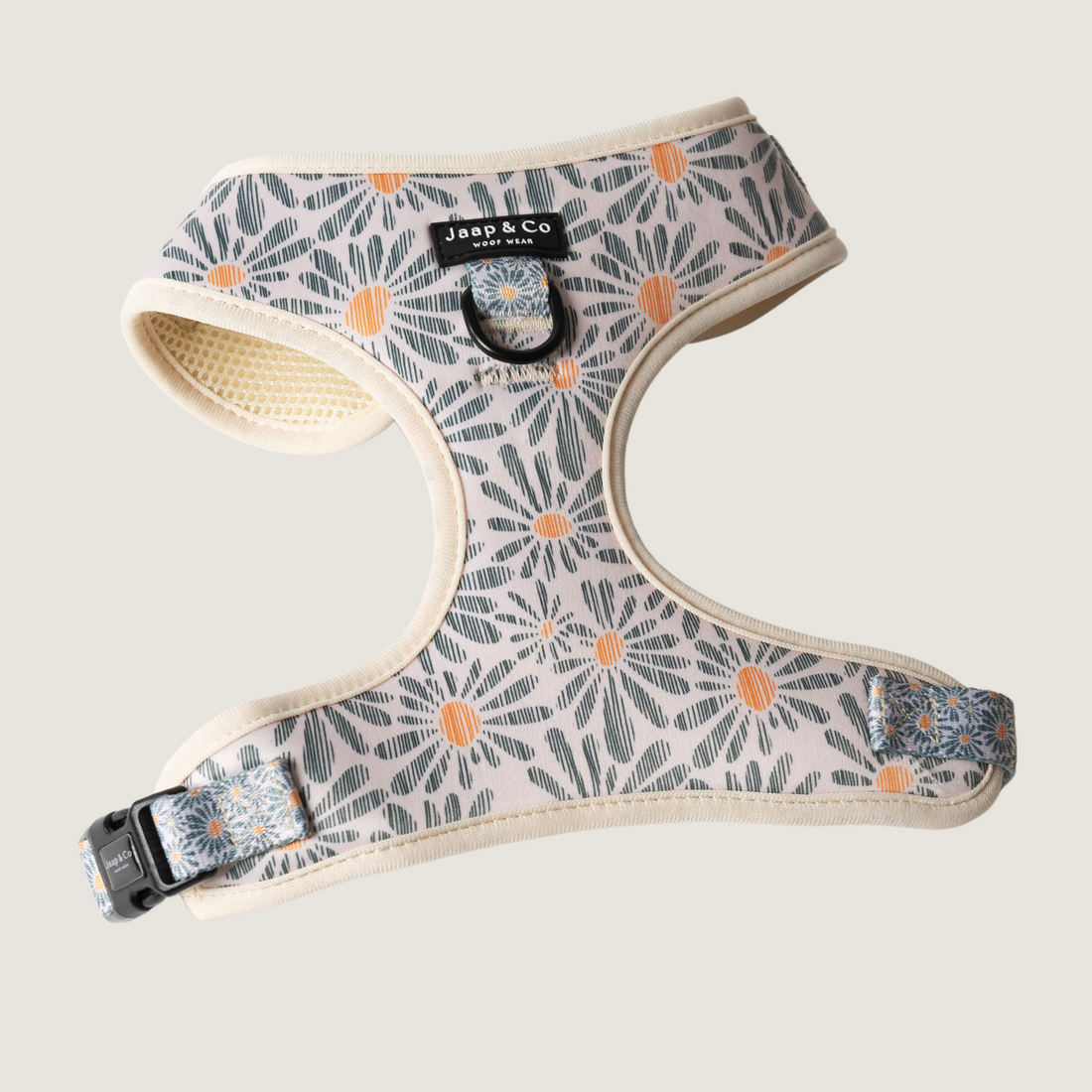 Floral Memories hondentuigje met witte achtergrond met blauwe bloemenpatroon met oranje van Jaap & Co – stijlvol en stevig