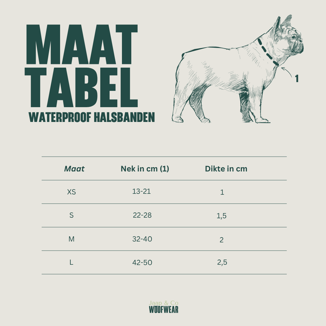 Maattabel van Waterproof hondenhalsbanden van Jaap &amp; Co