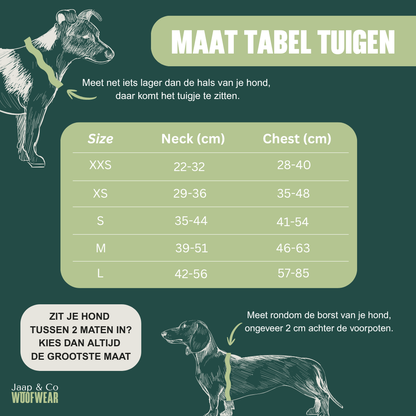 Maattabel van de hondentuigen van Jaap &amp; Co