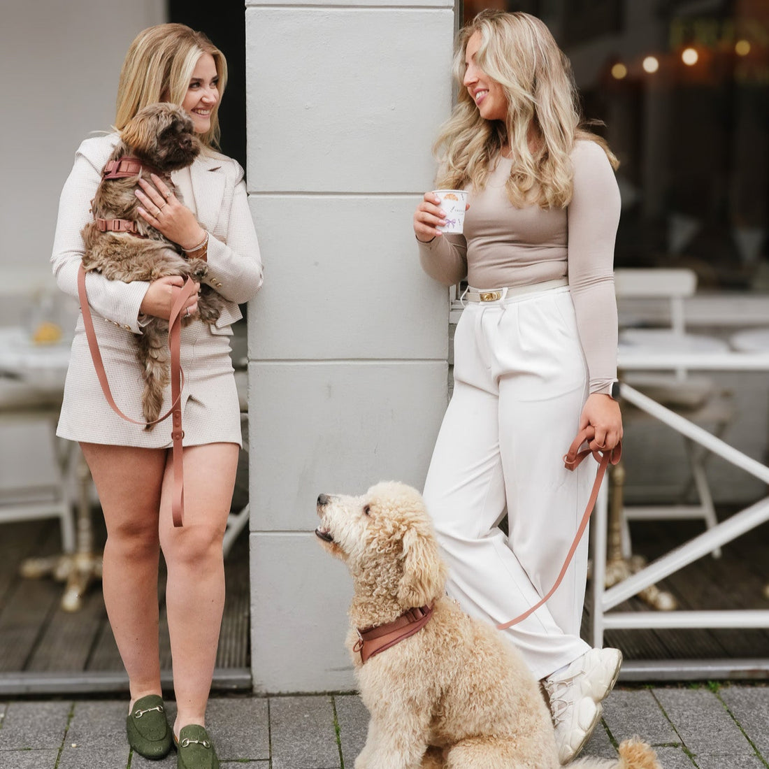 Twee vrouwen met honden dragen de Mocha Mousse waterproof hondenriem en hondentuigje van Jaap &amp; Co tijdens een koffiemomentje in de stad.