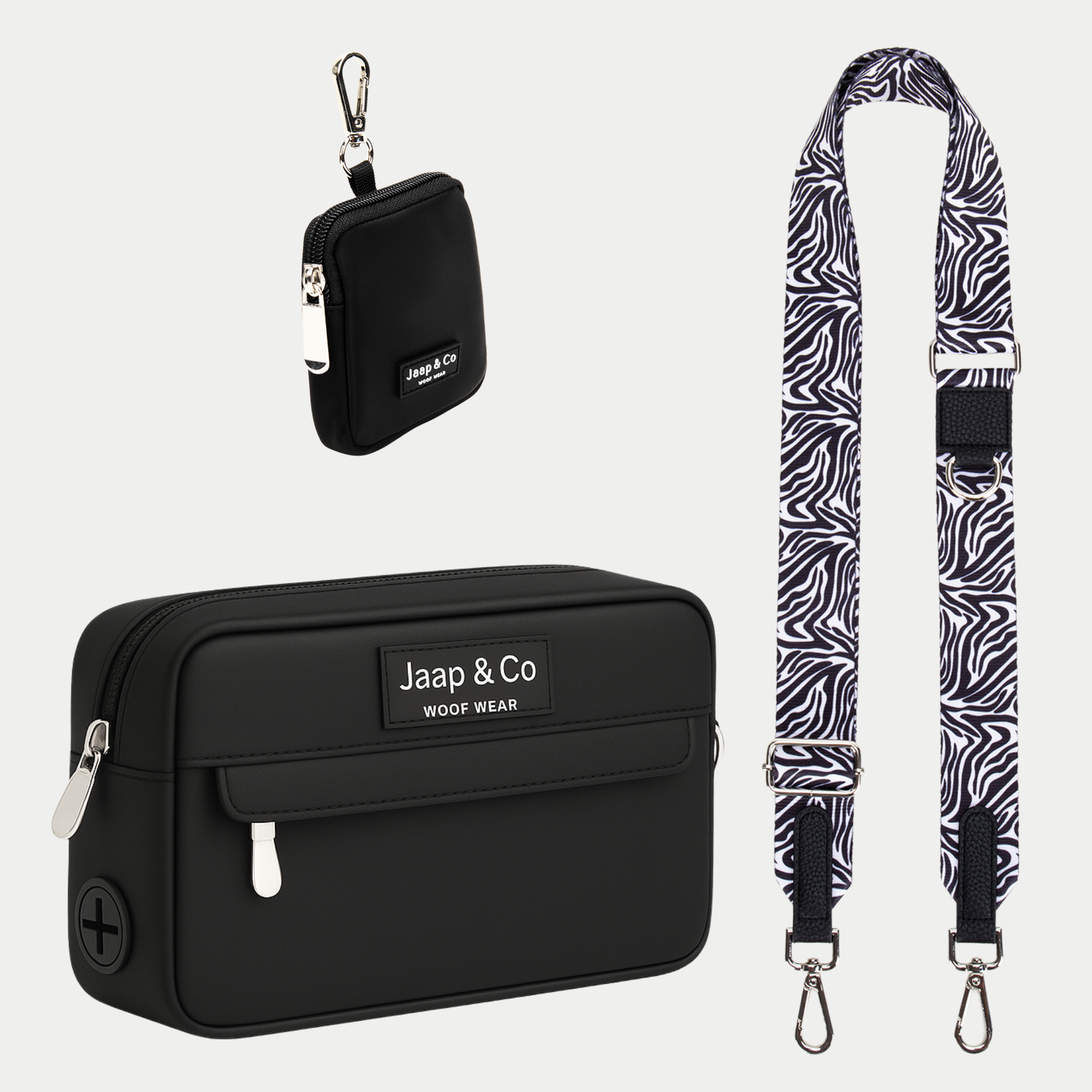 Zwarte Dogmom Bag met zebra print schouderband, inclusief treat pouch – set voor stijlvolle hondenwandelingen.