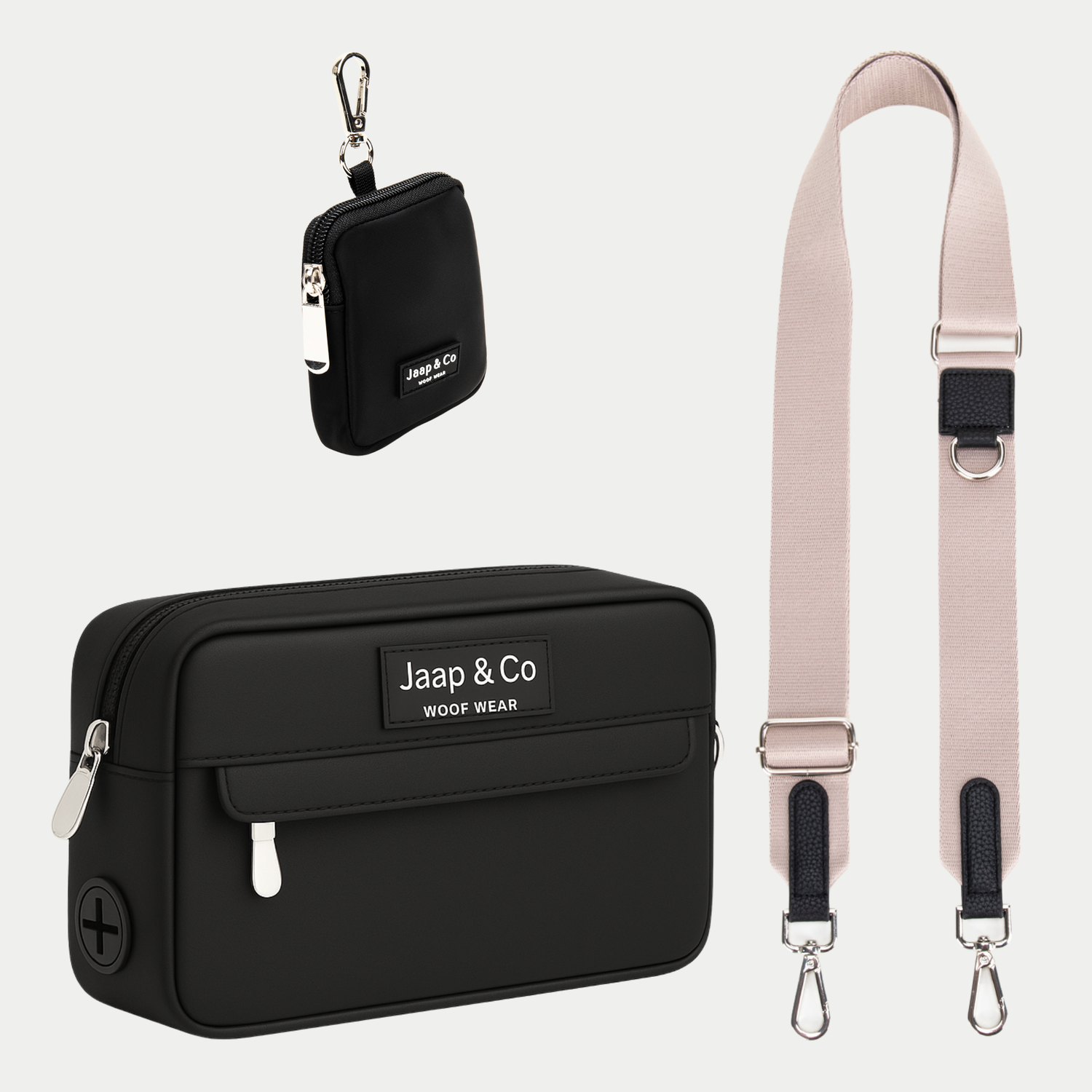 Zwarte Dogmom Bag met lichtroze/grijze schouderband, inclusief treat pouch – set voor stijlvolle hondenwandelingen.