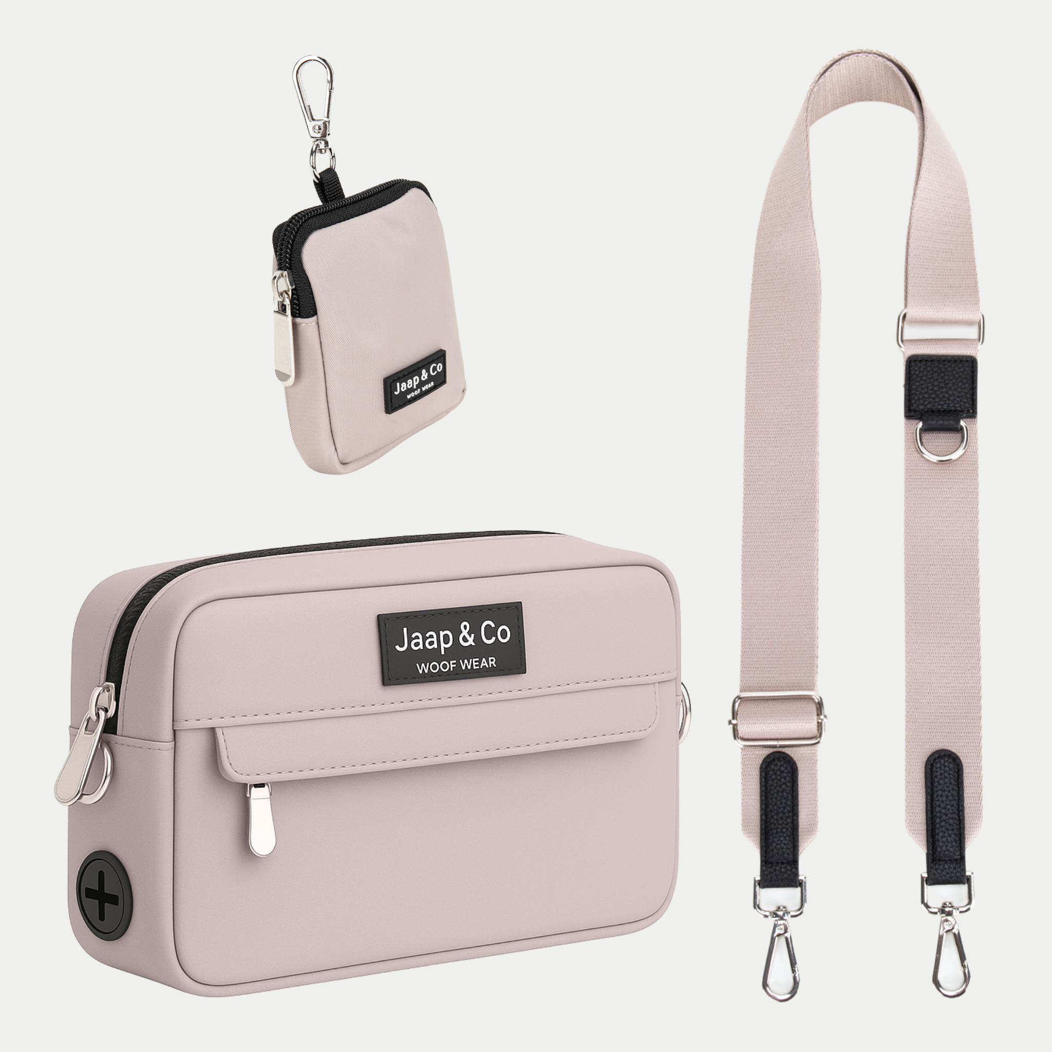 Latte Machiato Dogmom Bag met taupe kleurige schouderband, inclusief treat pouch – set voor stijlvolle hondenwandelingen.