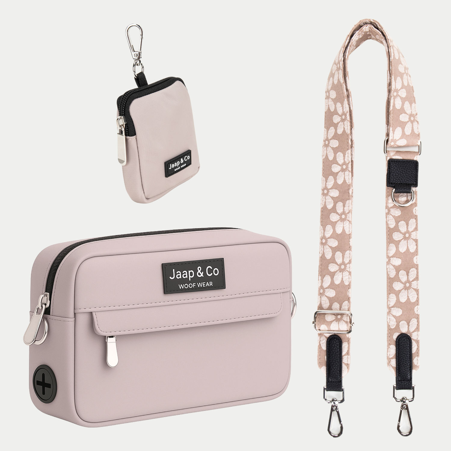 Latte Machiato Dogmom Bag met beige bloemenprint schouderband, inclusief treat pouch – set voor stijlvolle hondenwandelingen.