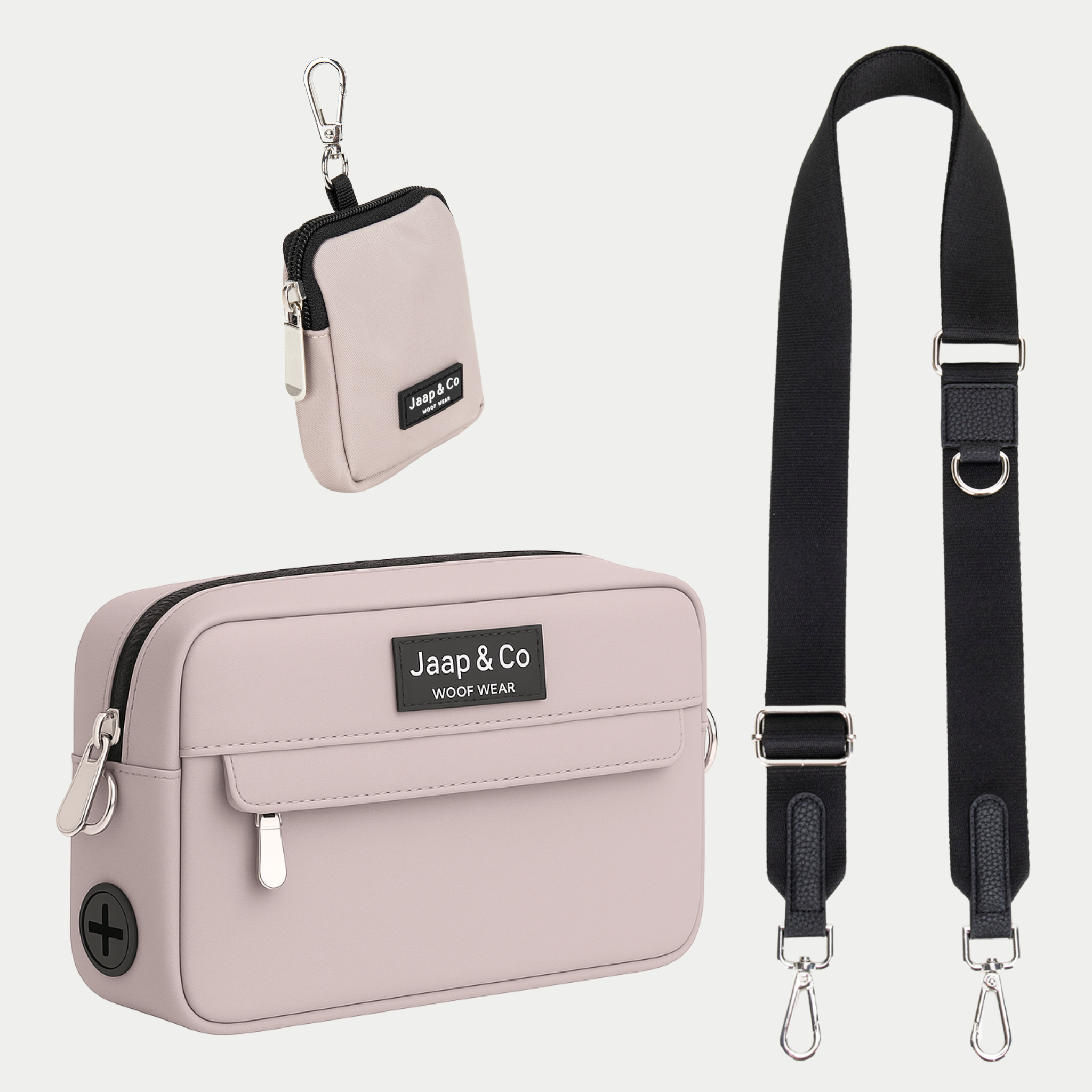Latte Machiato Dogmom Bag met zwarte schouderband, inclusief treat pouch – set voor stijlvolle hondenwandelingen.