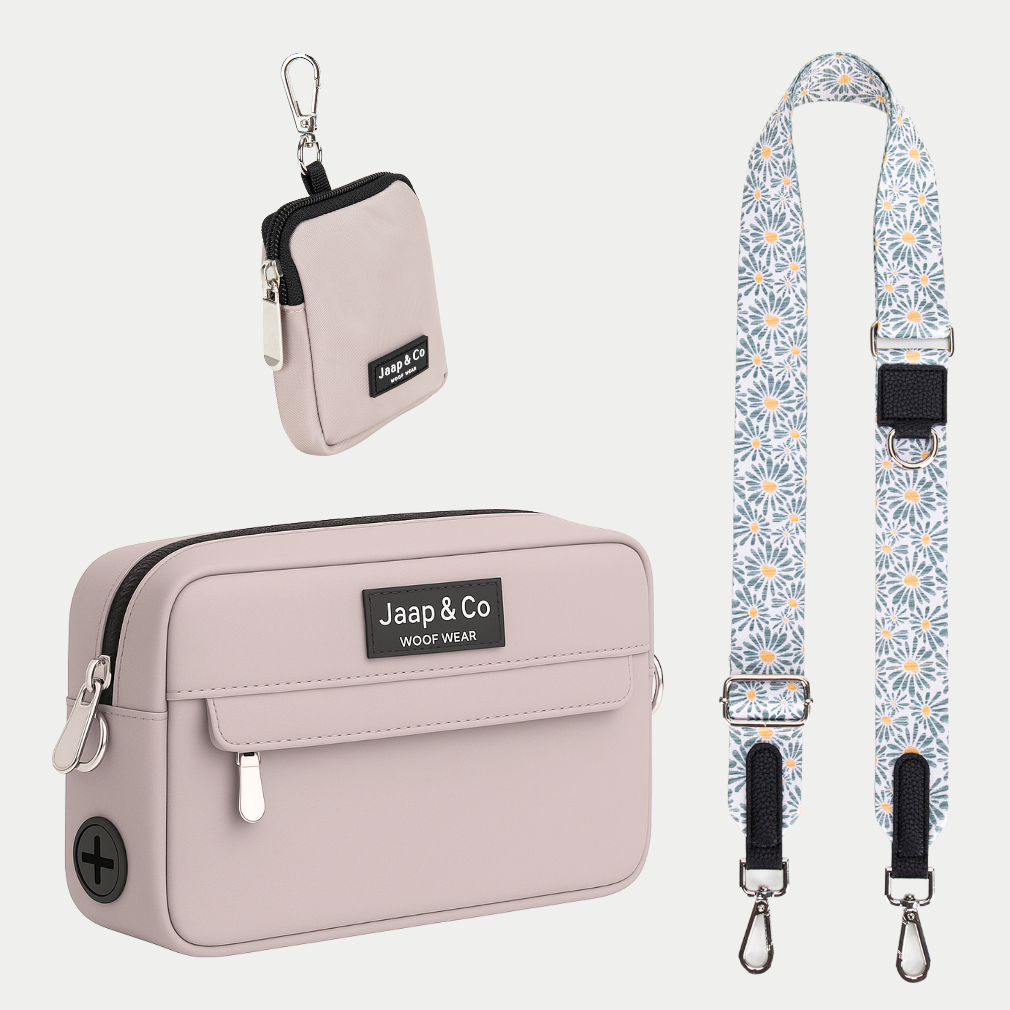 Taupe Dogmom Bag met bleoemenprint met wit, lichtblauw en een beetje oranje/geel schouderband, inclusief treat pouch – set voor stijlvolle hondenwandelingen.