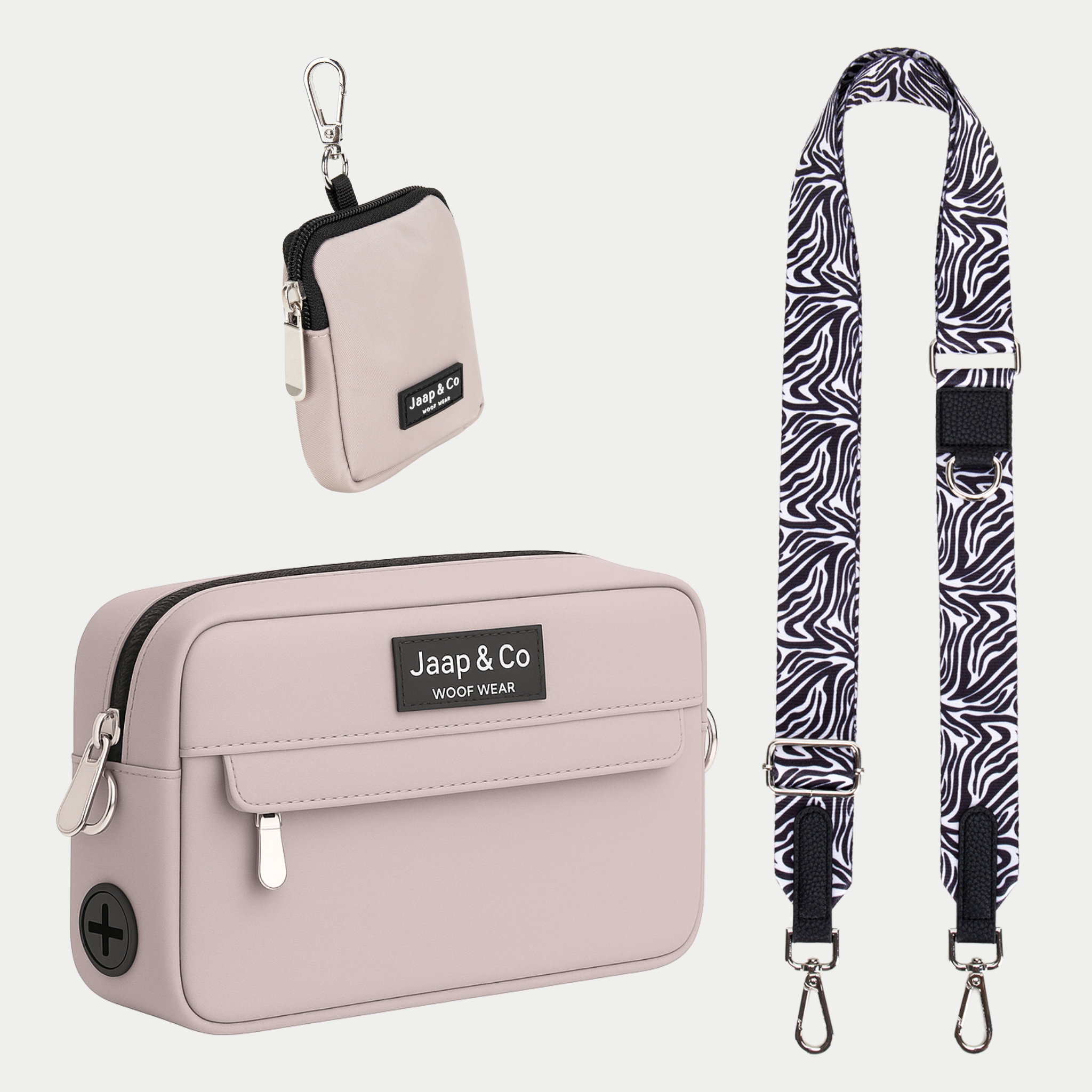 Taupe Dogmom Bag met zebra print schouderband, inclusief treat pouch – set voor stijlvolle hondenwandelingen.
